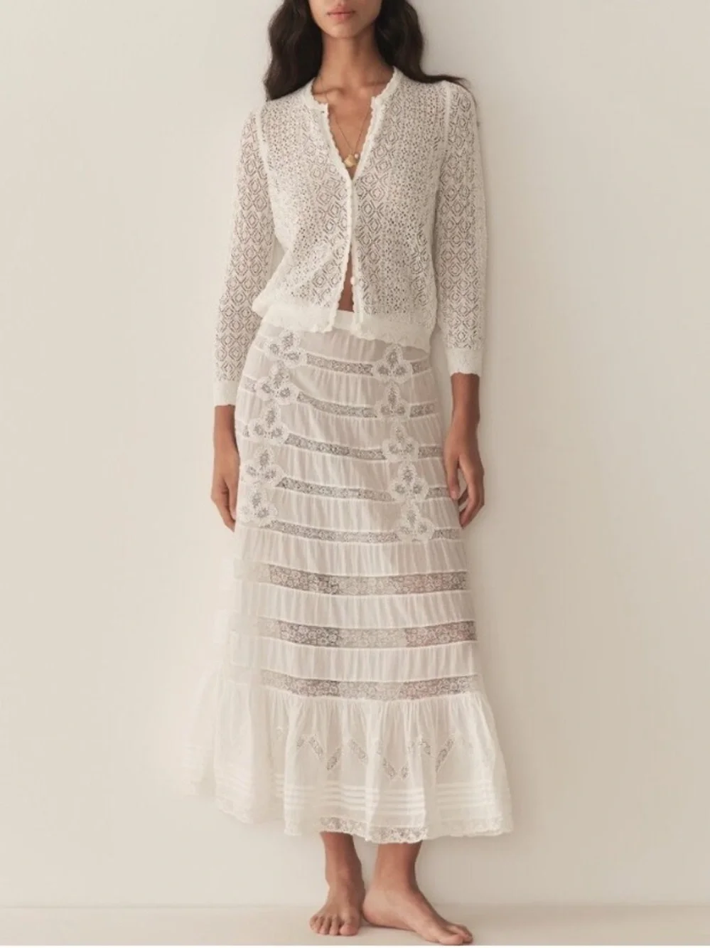 Doen Diane Pointelle Lace Crochet Button Knit Cardigan Sweater Top Ivory White